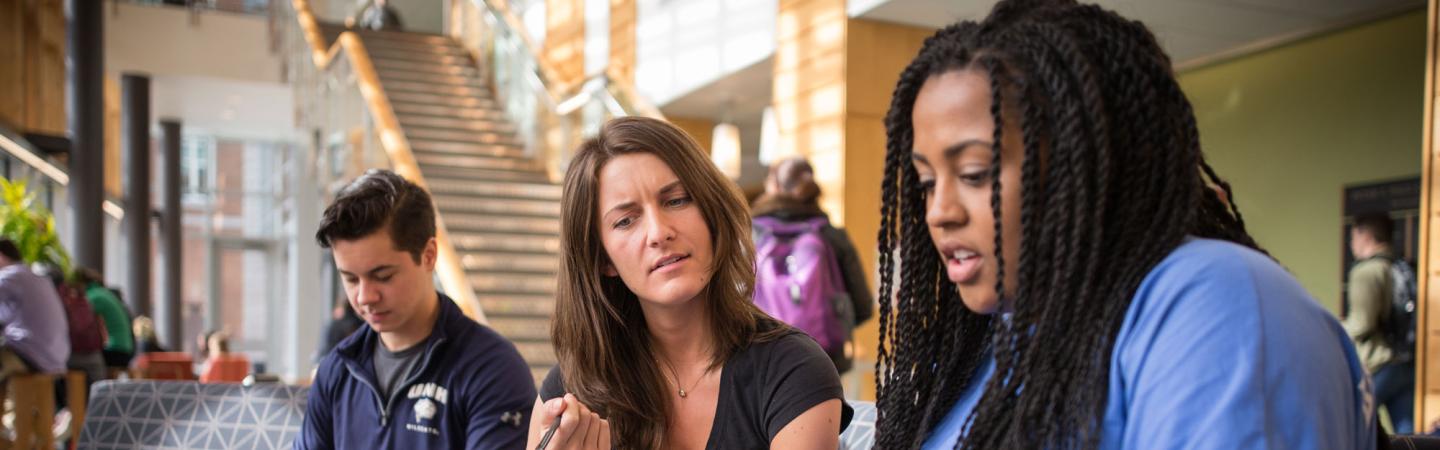 Two female students collaborating on a project in the Paul College Great Hall