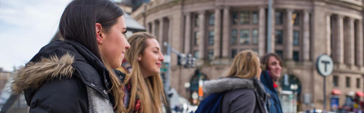 Female sustainability students walking in boston
