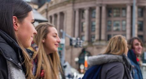 Female sustainability students walking in boston