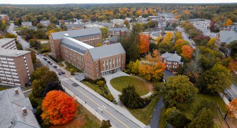An aerial view of Peter T. Paul College in the fall