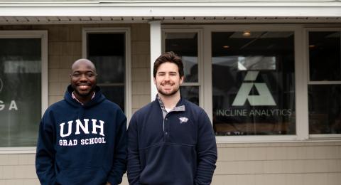 Emmanuel Fagbenle (left) and Jake MacInnis (right), graduate students in UNH's Master of Science in Business Analytics program, apply their data skills as interns at Incline Analytics in Rye,