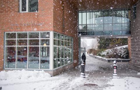 Snow falling outside of the Paul College cafe entrance