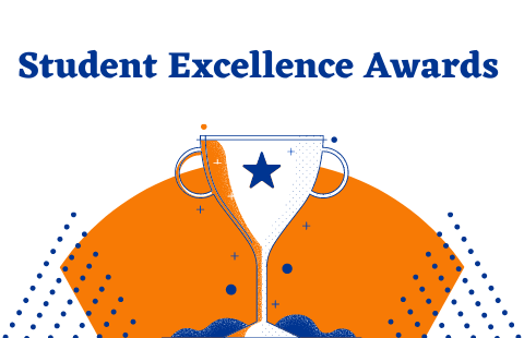 An illustration with a trophy that says student excellence awards