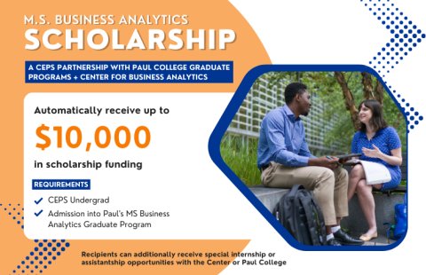 ad image about scholarship program for CEPS students pursuing MS in business Analytics
