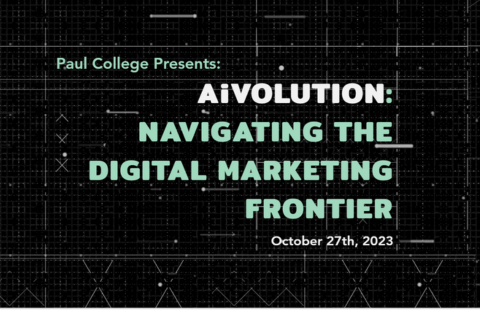 Graphic with black background and green and white text that reads, "Paul College Presents: AiVolution: Navigating the Digital Marketing Frontier. Oct. 27, 2023"