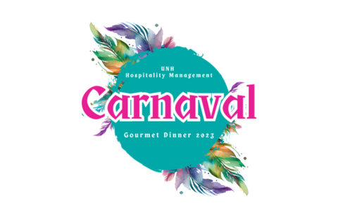 Graphic with watercolor feathers with a teal circle in the foreground reading, "UNH Hospitality Management Carnaval Gourmet Dinner 2023"