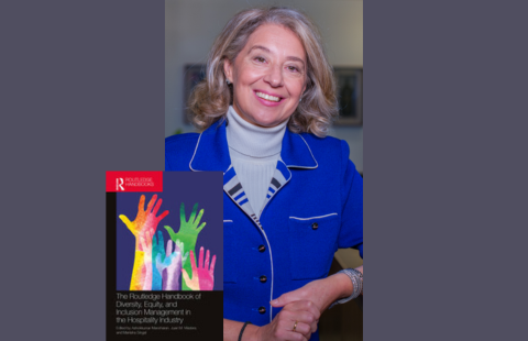 Headshot of Valentini Kalagyrou with a screenshot of the cover of "The Routledge Handbook of Diversity, Equity, and Inclusion Management in the Hospitality Industry"