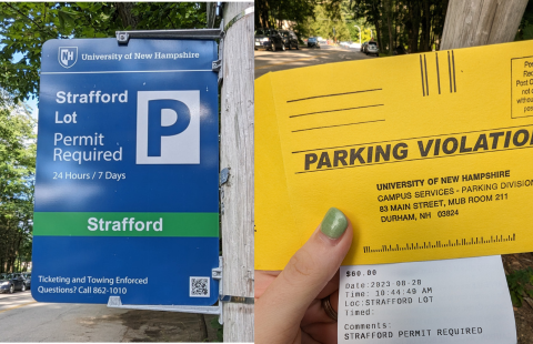 A photo collage of the strafford lot parking sign and a UNH parking violation for $60