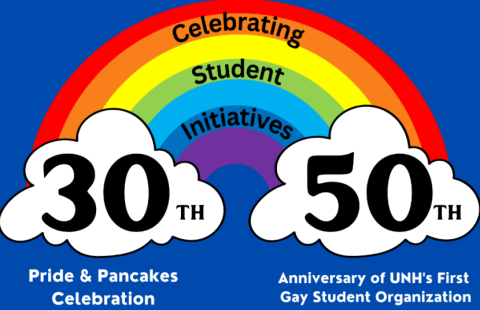 Pride and Pancakes graphic featuring a rainbow and the words "Celebrating student initiatives" 30th pride and pancakes celebration and 50th anniversary of UNH's first gay student organization