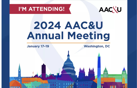 a colorful outline of buildings in Washington D.C. with the words "2024 AAC&U Annual Meeting, January 17-19, Washington, DC:"