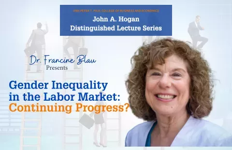 A headshot of Dr. Francine Blau adjacent to the words, "Gender Inequality in the Labor Market: Continuing Progress"