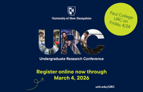 Graphic with the UNH logo, the letters URC and info for registering; also "Paul College URC on Friday, 4/24"
