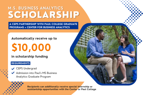 ad image about scholarship program for CEPS students pursuing MS in business Analytics