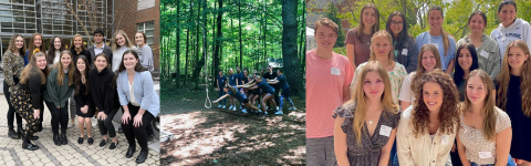 Three images of Rutman Fellows students and a ropes course activity.