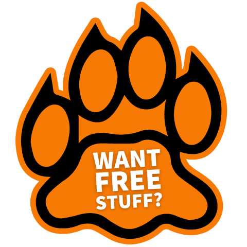 pawprint that says "want free stuff?"