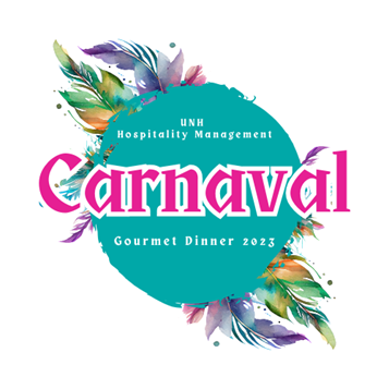 A teal circle with color, watercolor feathers protruding out from begin the circle. In the foreground, the words "UNH Hospitality Management, Carnaval, Gourmet Dinner 2023"