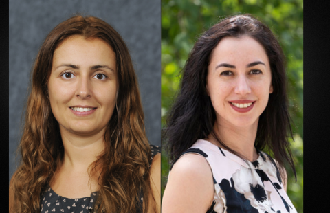 Two headshots. Burcu Eke Rubini is to the left, with long, wavy brown hair and a floral top. Ermira Zifla is to the right with dark hair and a floral top.