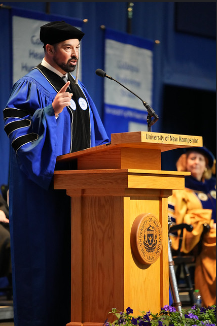 Ryan Day speaks at the Peter. T Paul College of Business and Economics commencement ceremony.