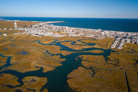 An aerial shot of the New Hampshire seacoast featuring Hampton Beach.