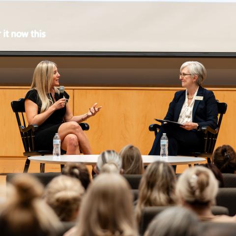 UNH President Elizabeth Chilton during a fireside at the 2025 Women in Business Conference.