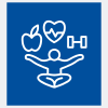 Graphic with various line-art icons including a person sitting criss-crossed, and floating above them an apple, a heart with an EKG line, and a dumbell