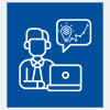 Graphic with various line-art icons including a business person next to a laptop; a talk bubble from his head with a gear icon and a line graph