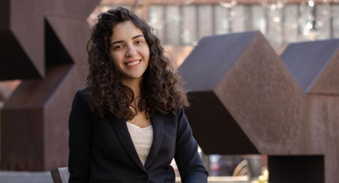 Pegah Karimi portrait in the Paul College courtyard