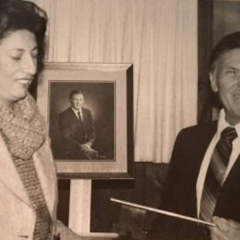 Bill Rosenberg and UNH President Evelyn E. Handler in 1980